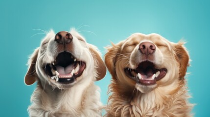 Banner two smiling dogs with happy expression. and closed eyes. Isolated on blue colored background