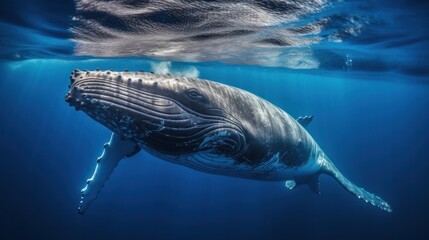 A Child Humpback Whale Plays Close the Surface in Blue Water