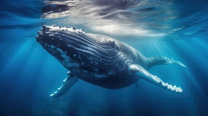A Child Humpback Whale Plays Close the Surface in Blue Water