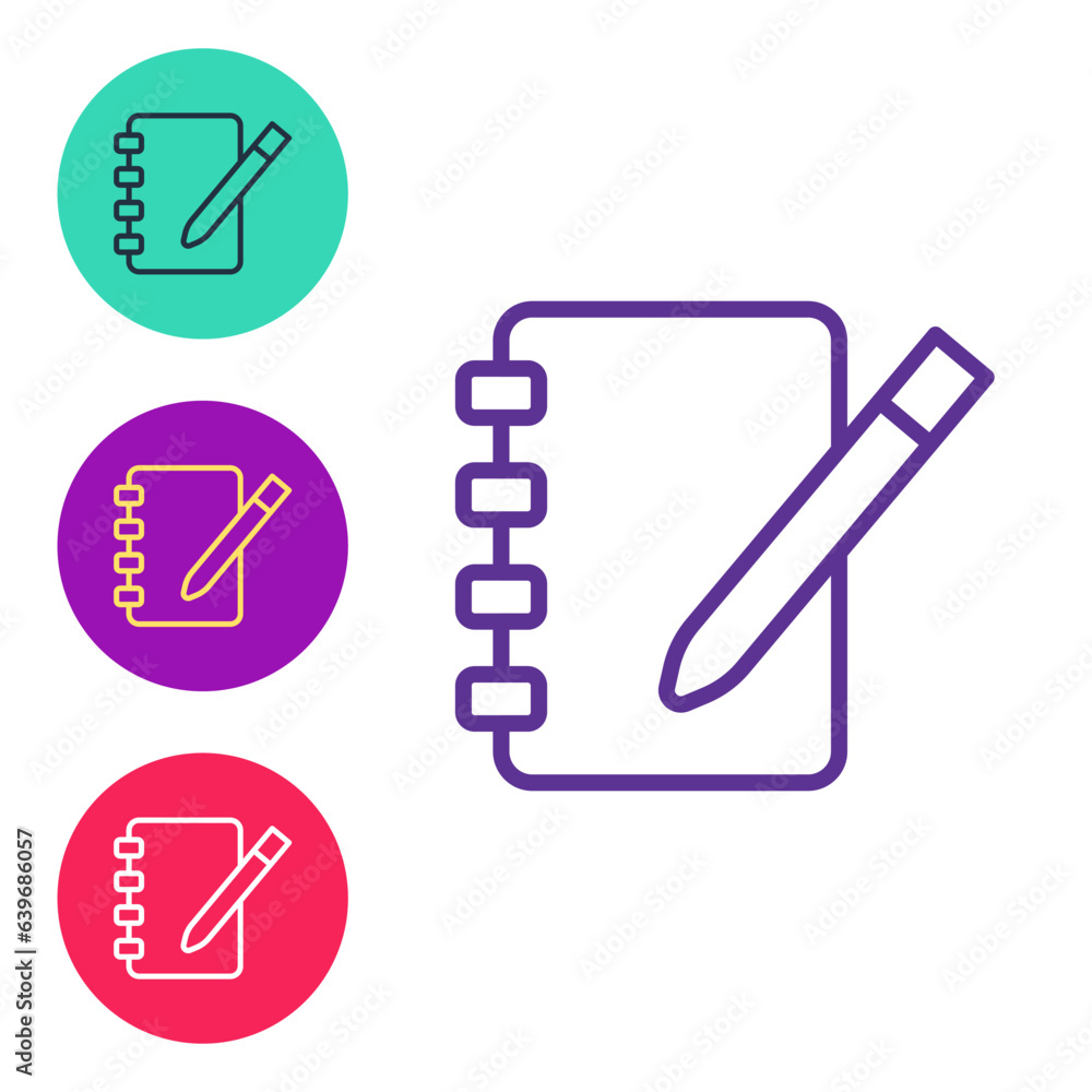 Poster set line notebook icon isolated on white background. spiral notepad icon. school notebook. writing p