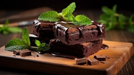 A stack of chocolate brownies on wooden foundation with mint leaf on beat custom made pastry kitchen and dessert