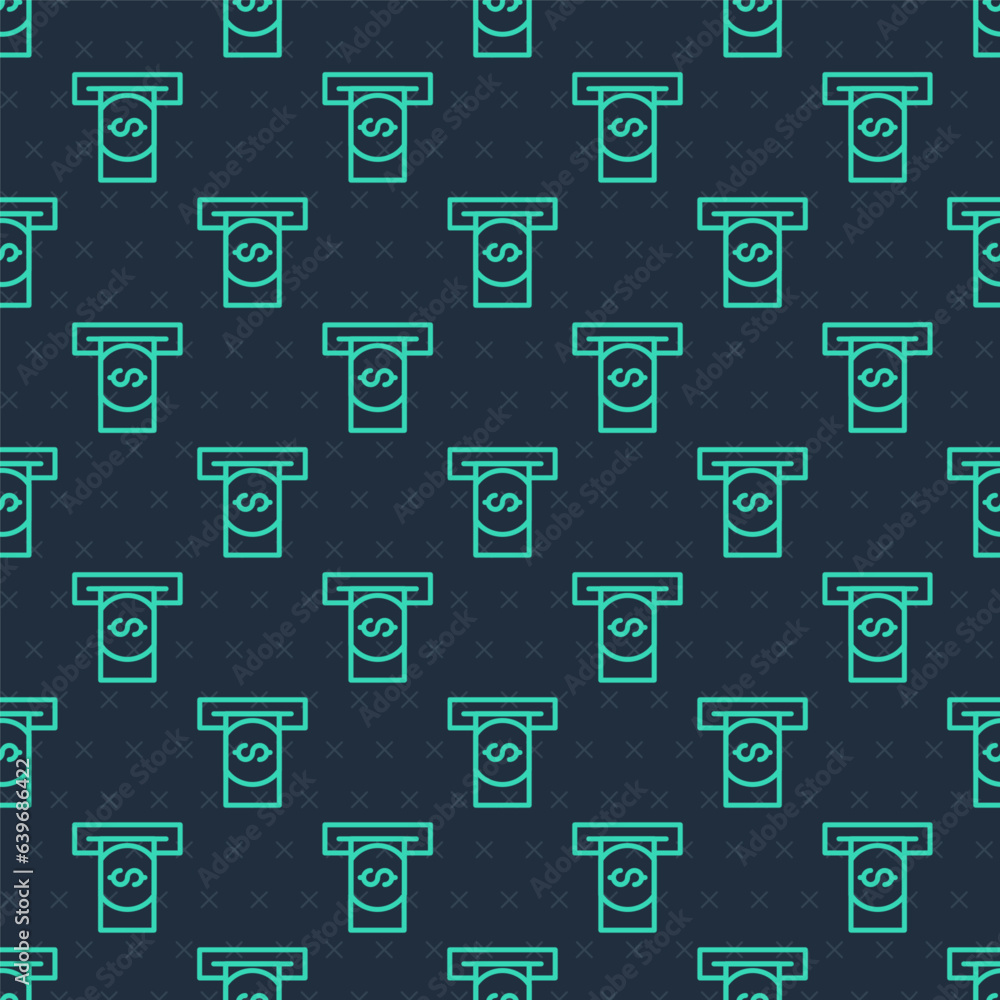 Poster green line atm - automated teller machine and money icon isolated seamless pattern on blue backgroun