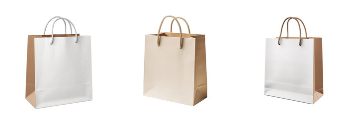 Mockup set of Realistic Shopping Bag for branding and corporate identity design.  Paper package template . png isolated on transparent background .