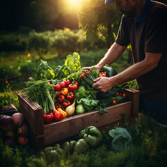 Fototapeta premium Farmer's hands with box of vegetables. Good harvest..