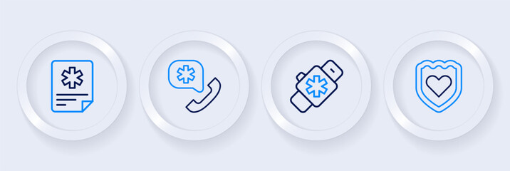 Set line Immune system, Smart watch with heart, Emergency call 911 and Patient record icon. Vector