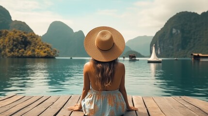 Back see of the youthful lady in straw cap unwinding on the pontoon and looking forward into tidal pond Voyaging visit in Asia El Nido Palawan Philippines - obrazy, fototapety, plakaty