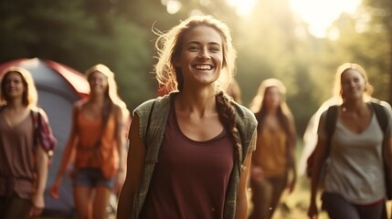 Bunch Of Develop Female Companions On Open air Yoga Withdraw Strolling Along Way Through Campsite