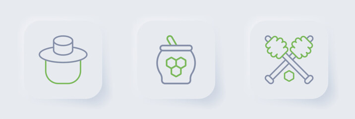 Set line Honey dipper stick, Jar of honey and and Beekeeper with protect hat icon. Vector