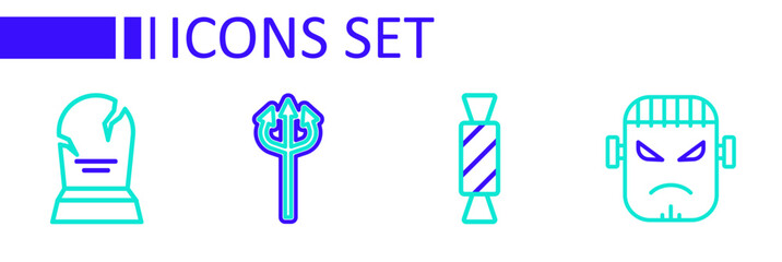 Set line Frankenstein face, Candy, Trident devil and Tombstone with RIP written icon. Vector