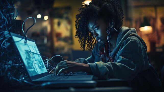 Black Woman Working On Tablet And Computer For Online Research