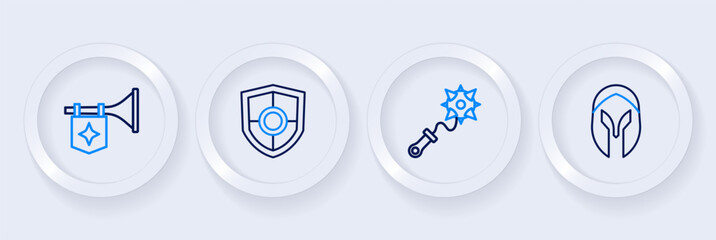Set line Medieval helmet, Mace with spikes, Shield and Trumpet flag icon. Vector