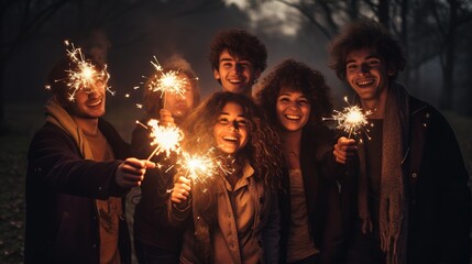 A group of people have fun with sparklers. Cheerful company of friends