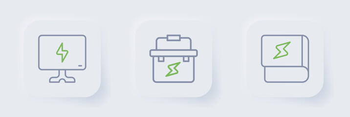 Set line Book about electricity, Toolbox electrician and Smart Tv icon. Vector
