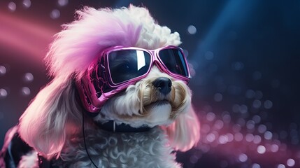 A futuristic world Dog With Sunglasses and headphones funny dogs playing while walking sheep