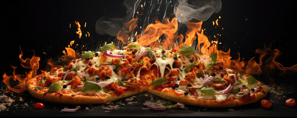 Obraz premium Hot pizza with melted cheese, fire and flying vegetables. generative ai