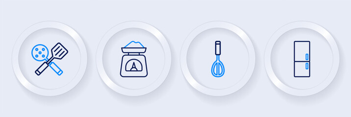 Set line Refrigerator, Kitchen whisk, Scales and Spatula icon. Vector