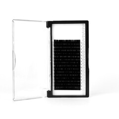 Mockup palette of black eyelash extensions for making fans and their application. A tray of Russian...