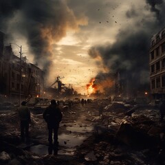 Destroyed houses and whole city streets from artillery and rocket fire. Peaceful residents near the destroyed houses. Generative AI.