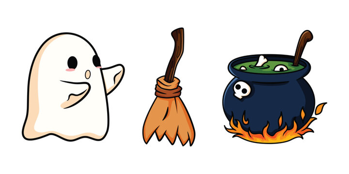 halloween element illustration design. ghosts, witches' broomsticks and potions in barrels