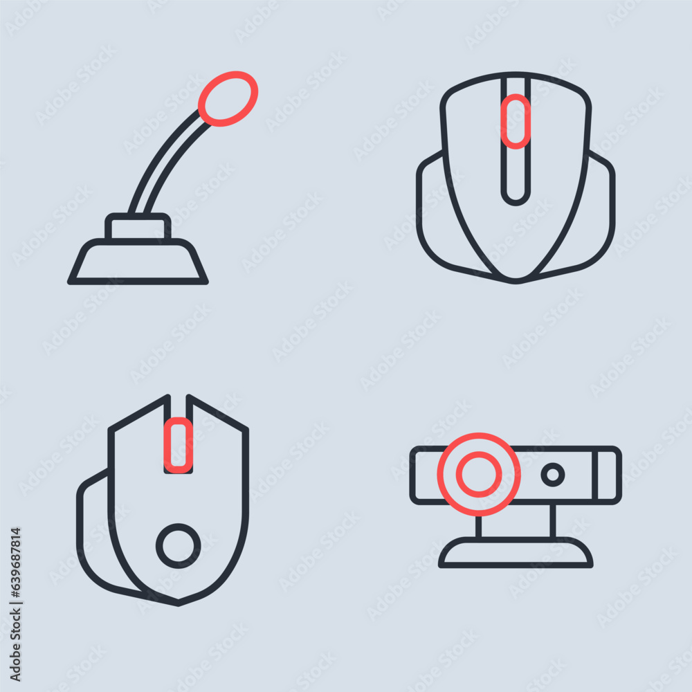 Poster set line computer mouse, web camera and microphone icon. vector