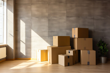 Room with boxes stacked on the floor and window in the corner.