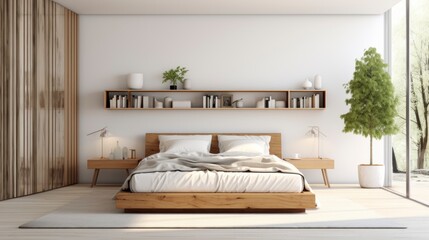 Modern bedroom interior design. Luxury home bedroom with empty white wall background, generative ai