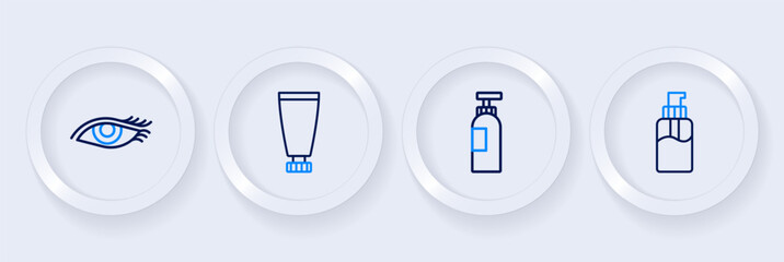 Set line Bottle of liquid soap, shampoo, Cream or lotion cosmetic tube and Woman eye icon. Vector