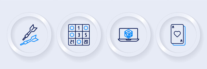 Set line Playing cards, Game dice, Bingo and Dart arrow icon. Vector