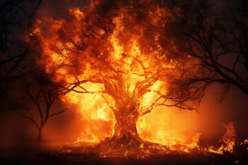 Forest burning on the mountainside, natural disaster, climate change, global warming, top view