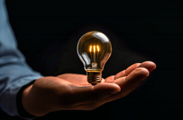 Against a dark backdrop, a hand holds a luminous light bulb, symbolizing innovation and inspiration emerging from obscurity. - obrazy, fototapety, plakaty