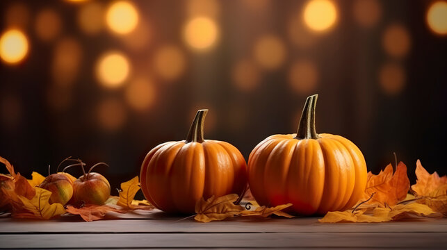 Autumn and thanksgiving banner on light bokeh background. Autumn foliage background with pumpkins with copy space. Theme for Thanksgiving or Halloween.