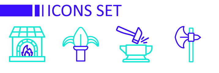 Set line Medieval axe, Anvil and hammer, Classic iron fence and Blacksmith oven icon. Vector