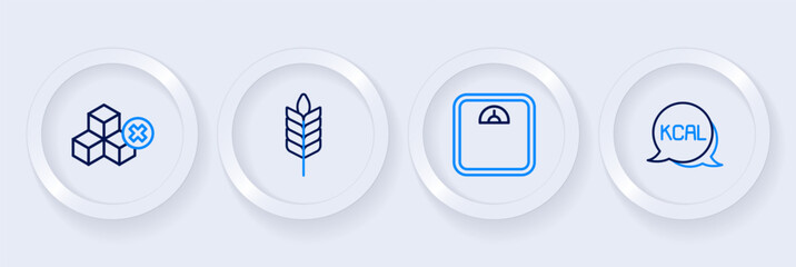 Set line Kcal, Bathroom scales, Wheat and No sugar free icon. Vector