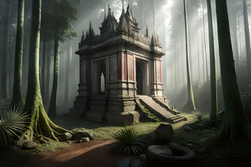 Naklejka premium Ancient Ta Promh temple in the jungle, Cambodia. Digital painting.