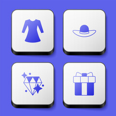 Set Woman dress, Elegant women hat, Diamond and Gift box and heart icon. White square button. Vector