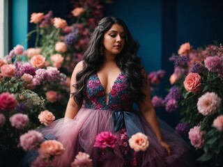 Pale toned European woman, black curvy long hair, Dress made out of flowers. Studio shot, chiaro scuro, navy blue wall, pink, purple, turquoise tones. plus size model