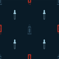 Set Stationery knife, Tube with paint palette and Eyedropper color picker on seamless pattern. Vector