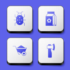 Set Colorado beetle, Pack full of seeds, Wheelbarrow and Wooden axe icon. White square button. Vector