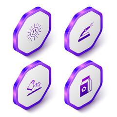 Set Isometric Sun, Garden hose, Watering can and Pack full of seeds icon. Purple hexagon button. Vector