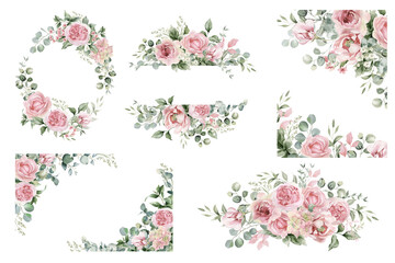 Watercolor light pink flowers and eucalyptus greenery  PNG.  Wedding clipart. Dusty roses, soft blush peony - border, wreath, frame, bouquet. Perfect for stationary, greeting card, fashion - obrazy, fototapety, plakaty