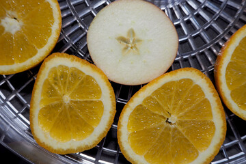 kawałki pomarańczowych jabłek leżą na plastikowej palecie suszarki do owoców. widok z góry - obrazy, fototapety, plakaty