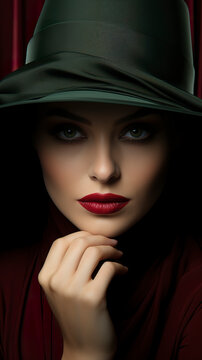 An extremely elegant gorgeous woman with olive green hat and seductive gaze. Woman in portrait with seductive lips and piercing gaze.