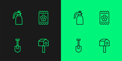 Set line Bird house, Shovel, Garden sprayer for water and Pack full of seeds icon. Vector