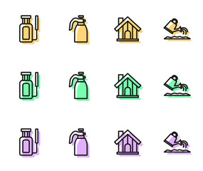 Set line Farm house, Garden sprayer for water, and Watering can icon. Vector