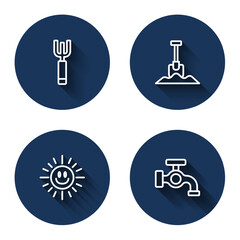 Set line Garden pitchfork, Shovel, Sun and Water tap with long shadow. Blue circle button. Vector
