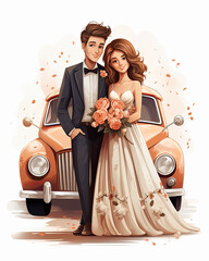 pareja de novios vestido para la celebración de su boda posando con ramo de flores y coche de época - obrazy, fototapety, plakaty