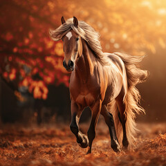 caballo marrón al galope en otoño sobre campo cubierto de hojas, rodeado de árboles y natuzaleza - obrazy, fototapety, plakaty