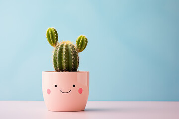 taza rosa con cara dibujada sonriente, conteniendo en su interior un cactus, sobre fondo azul - obrazy, fototapety, plakaty