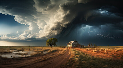 tormenta con rayos y tornado en un campo amarillo con casa al fondo al atardecer