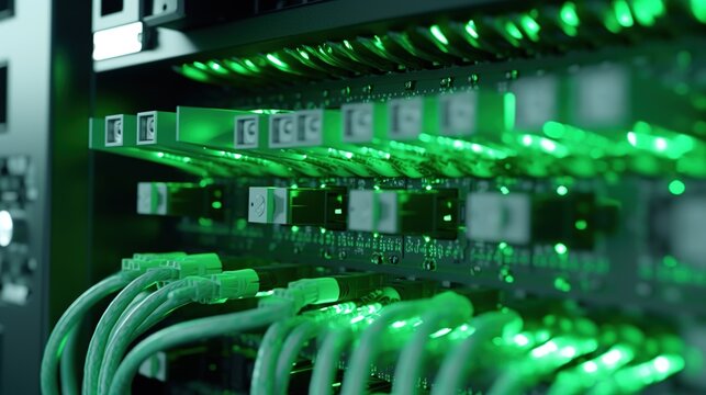 Network cables plugged in network switch. Technology data center. Illustration for banner, poster, cover, brochure or presentation.